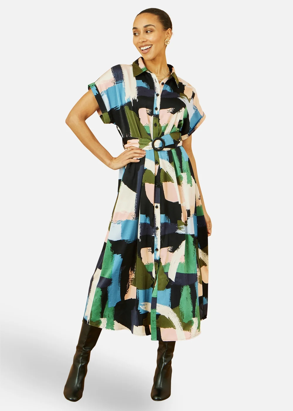 Yumi Multi Brushstroke Print Relaxed Midi shirt Dress - 12 Image 1
