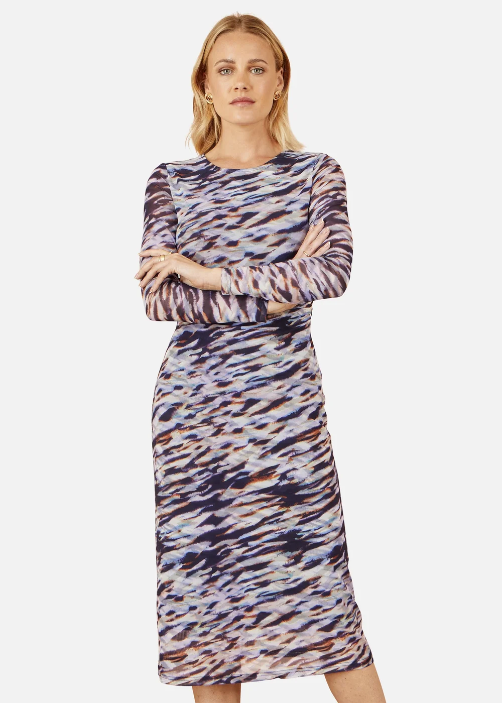 Yumi Multicolour Abstract Stripe Ruched Bodycon Midi Dress - 16 Image 2