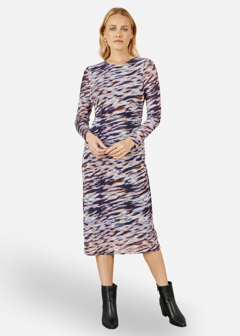 Yumi Multicolour Abstract Stripe Ruched Bodycon Midi Dress - 16 Image 1