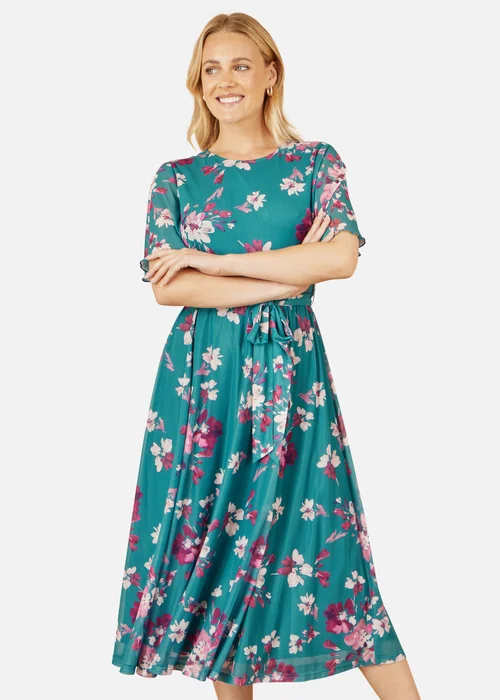 Yumi Teal Mesh Skater Floral Midi Dress - 14 Image 2