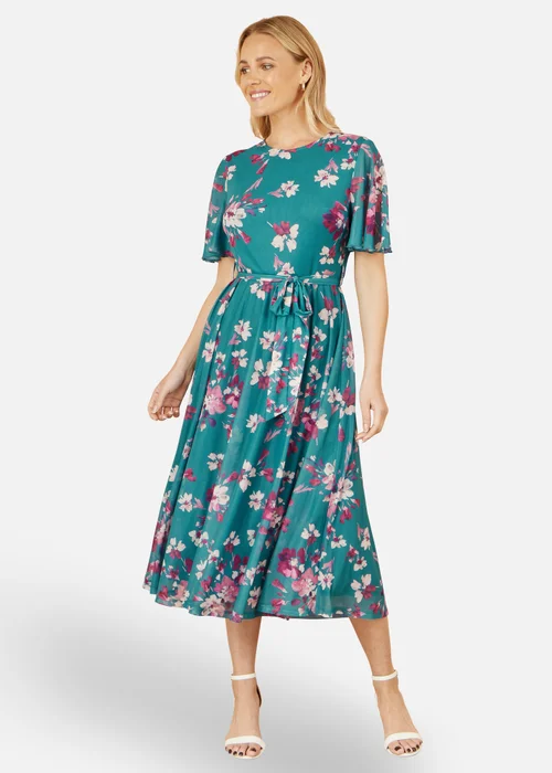 Yumi Teal Mesh Skater Floral Midi Dress - 14 Image 1