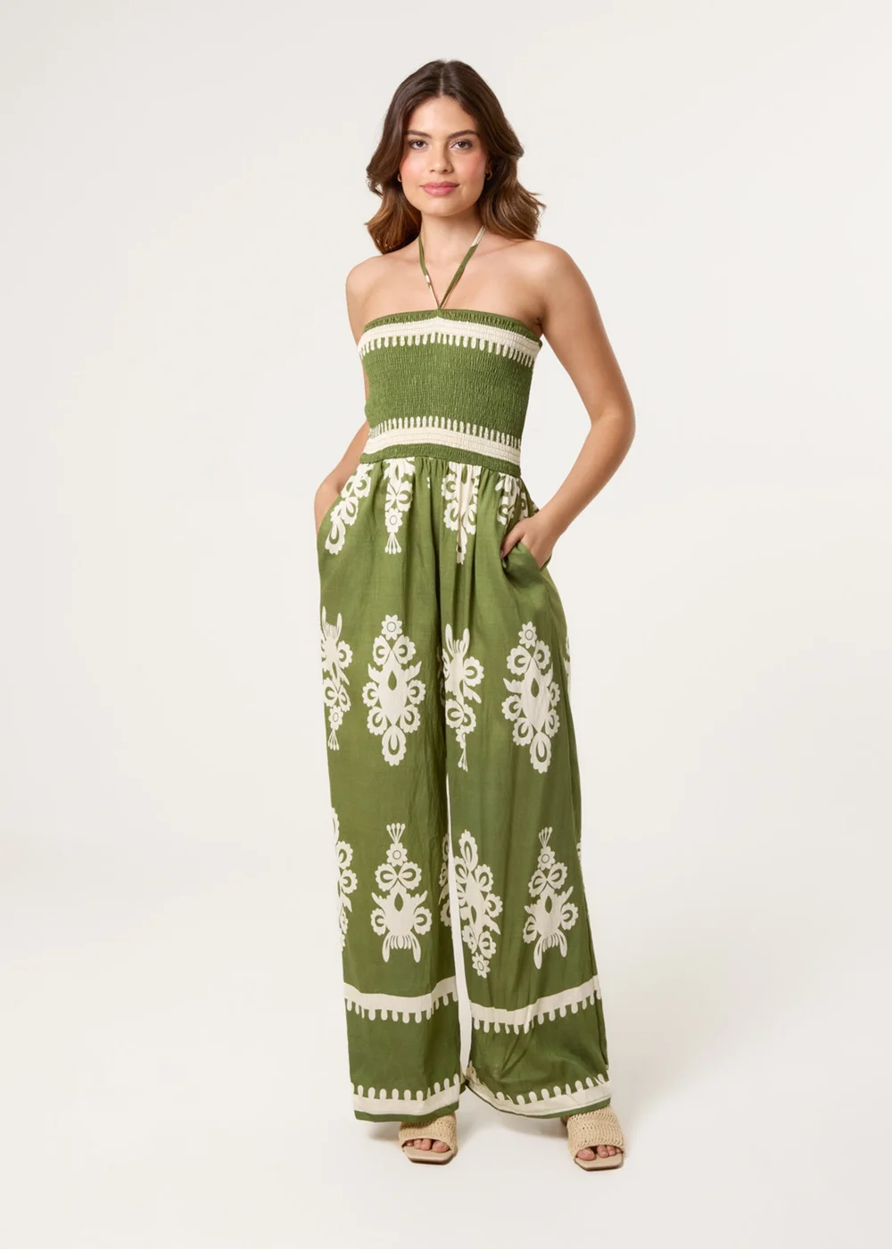 Blue Vanilla Khaki Halter Neck Shirred Waist Jumpsuit - M/L Image 1