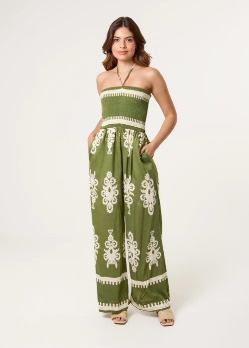 Blue Vanilla Khaki Halter Neck Shirred Waist Jumpsuit - M/L Image 1