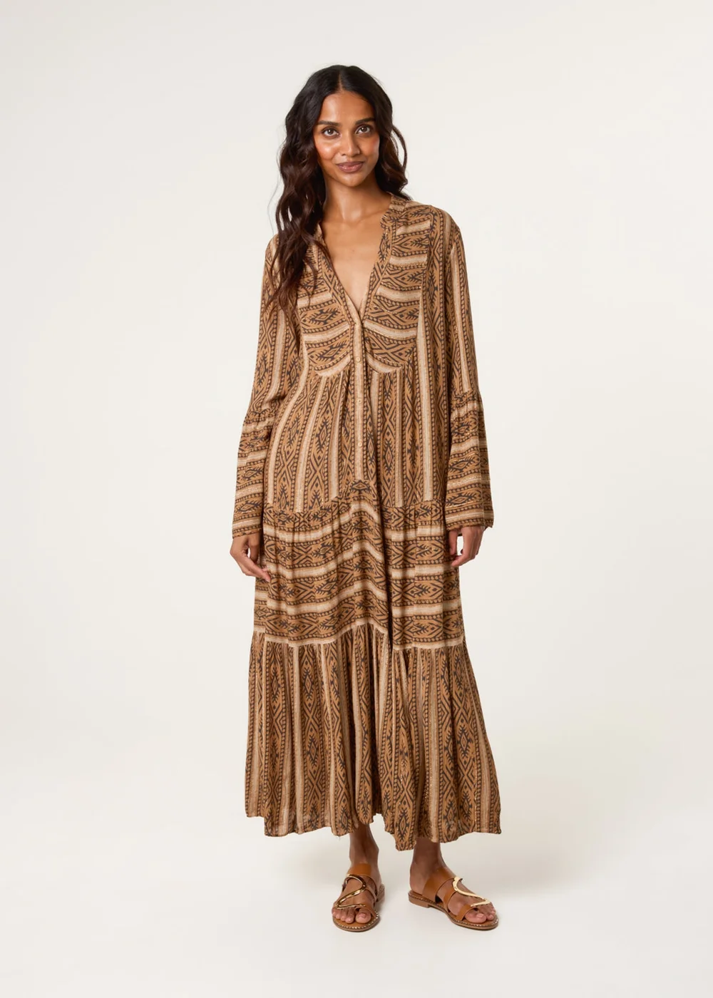 Blue Vanilla Brown V Neck Aztec Smock Dress - S/M Image 3