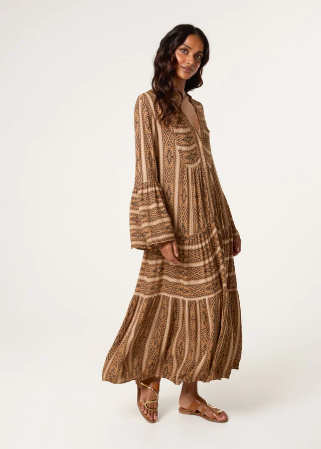 Blue Vanilla Brown V Neck Aztec Smock Dress