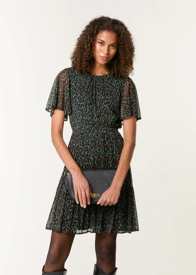 Blue Vanilla Khaki Leopard Print Mesh Crew Neck Mini Dress