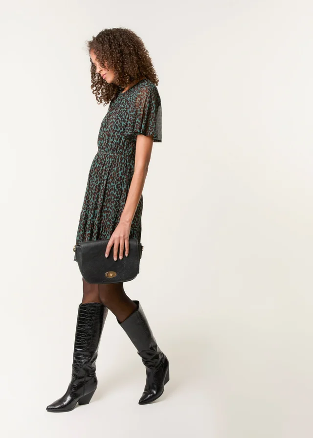 Blue Vanilla Khaki Leopard Print Mesh Crew Neck Mini Dress