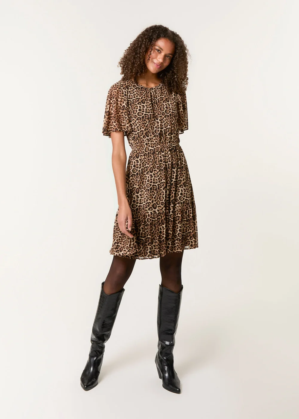 Blue Vanilla Brown Leopard Print Mesh Crew Neck Mini Dress - L Image 2