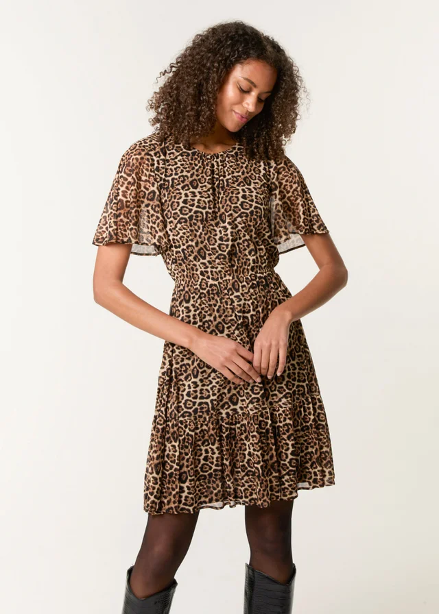 Blue Vanilla Brown Leopard Print Mesh Crew Neck Mini Dress