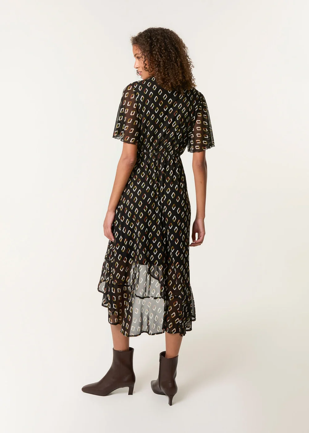 Blue Vanilla Black Geometric Mesh Ruffle Wrap Dress - M Image 4