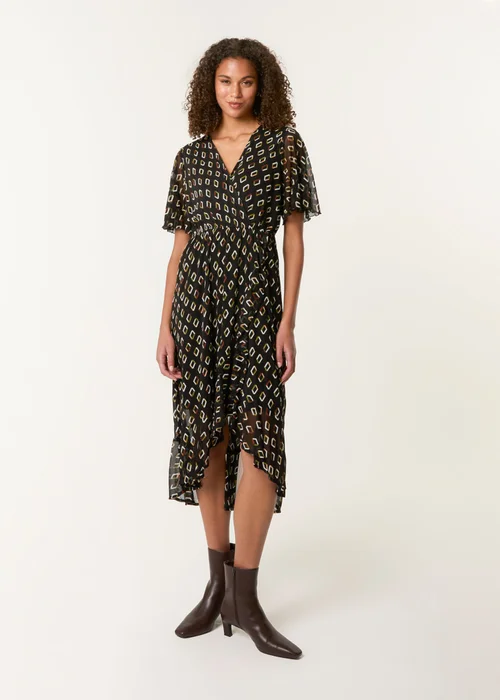 Blue Vanilla Black Geometric Mesh Ruffle Wrap Dress - M Image 3