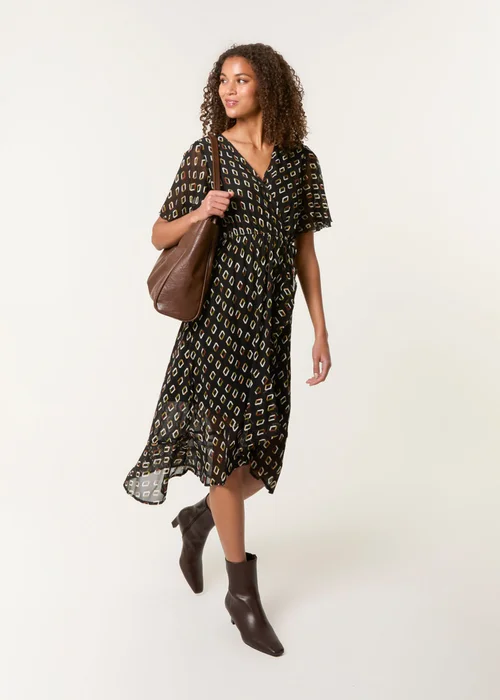 Blue Vanilla Black Geometric Mesh Ruffle Wrap Dress - M Image 1