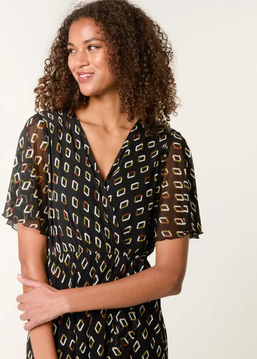 Blue Vanilla Black Geometric Mesh Ruffle Wrap Dress - M Image 2