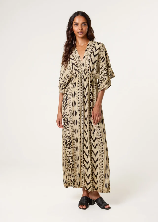 Blue Vanilla Beige Double V Kimono Style Midi Dress