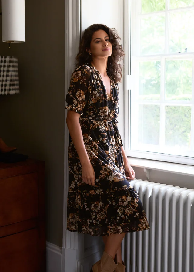 Blue Vanilla Brown Floral Mesh Wrap Front Tiered Midi Dress