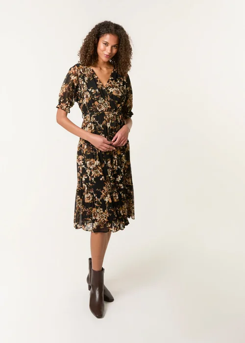 Blue Vanilla Brown Floral Mesh Wrap Front Tiered Midi Dress - L Image 4