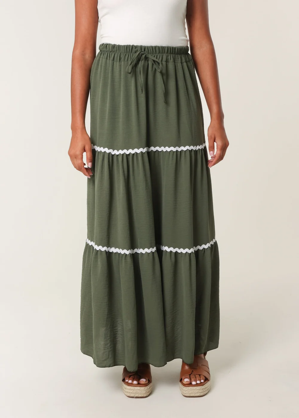 Blue Vanilla Khaki Tape Zig Zag Tiered Maxi Skirt - M/L Image 2