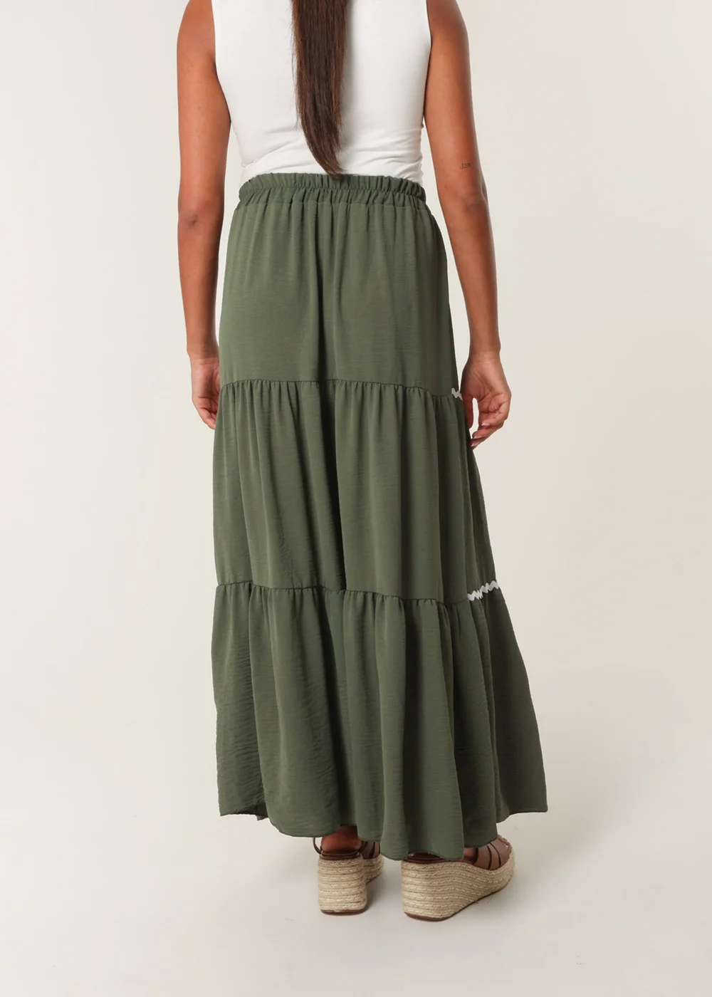 Blue Vanilla Khaki Tape Zig Zag Tiered Maxi Skirt - M/L Image 4