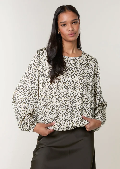 Blue Vanilla Khaki Leopard Print Elasticated Hem Blouse - Large Image 4