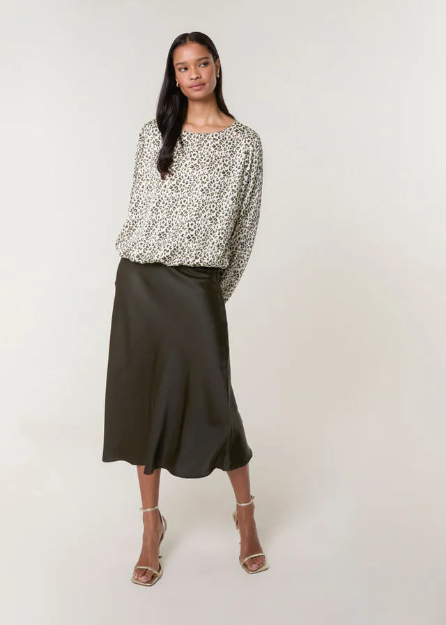 Blue Vanilla Khaki Leopard Print Elasticated Hem Blouse