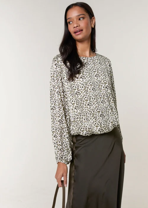 Blue Vanilla Khaki Leopard Print Elasticated Hem Blouse - Large Image 3