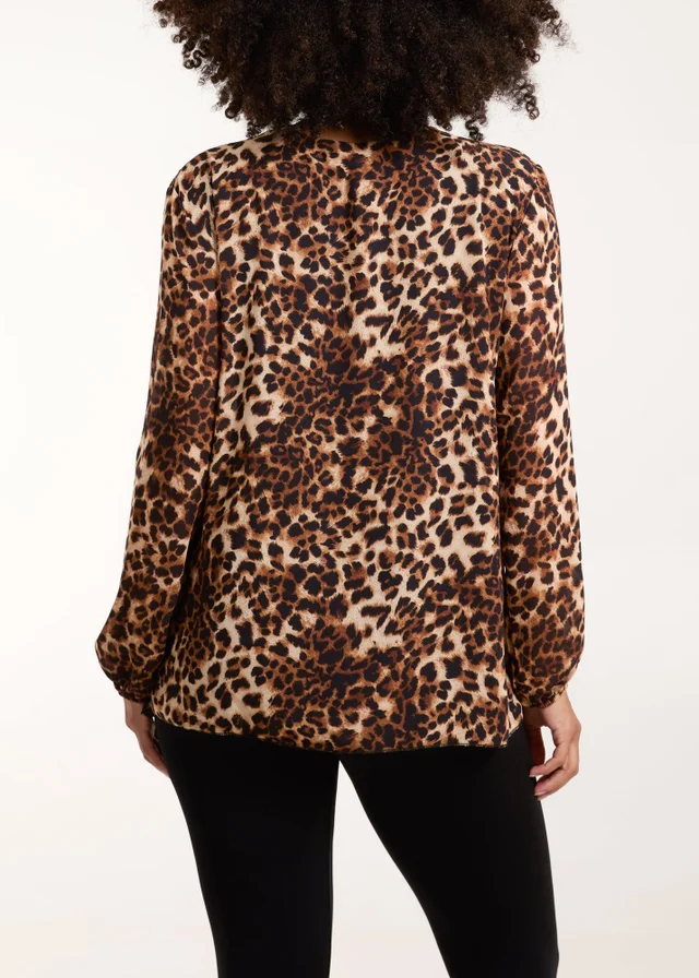Blue Vanilla Brown Leopard Print Pleated Top