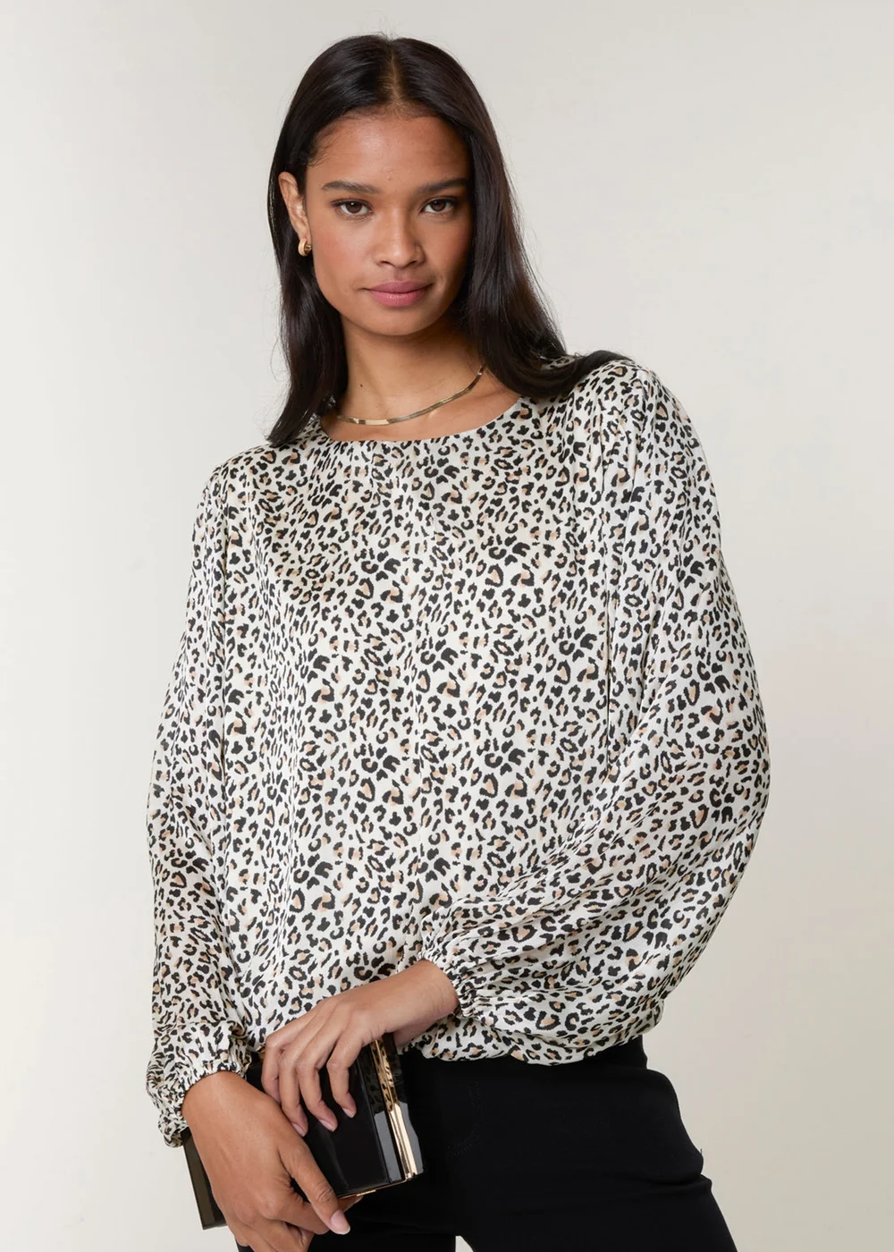 Blue Vanilla Black Leopard Print Elasticated Hem Blouse - Small Image 1