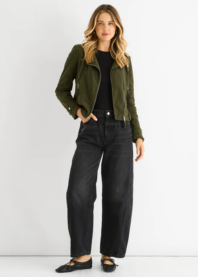 Gini London Khaki Corduroy Biker Zip Up Jacket