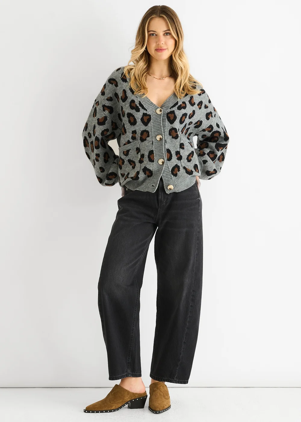 Gini London Grey Animal Print Knit Short Cardigan - Medium/Large Image 1