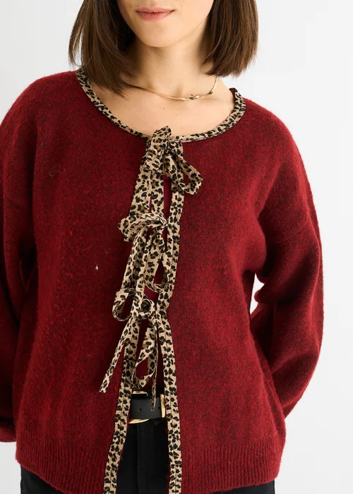 Gini London Burgundy Contrast Animal Tie Oversized Knit Cardigan - S/M Image 3