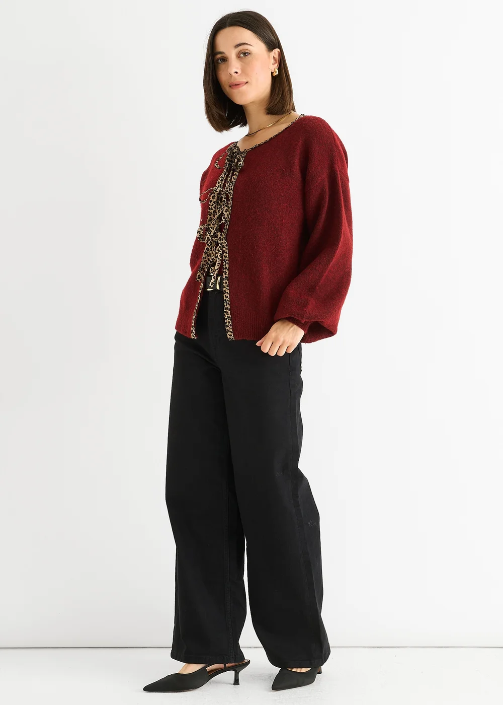 Gini London Burgundy Contrast Animal Tie Oversized Knit Cardigan - L/XL Image 4