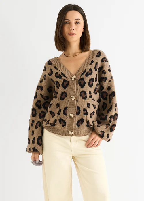 Gini London Camel Animal Print Knit Short Cardigan - Large/Extra Large Image 1