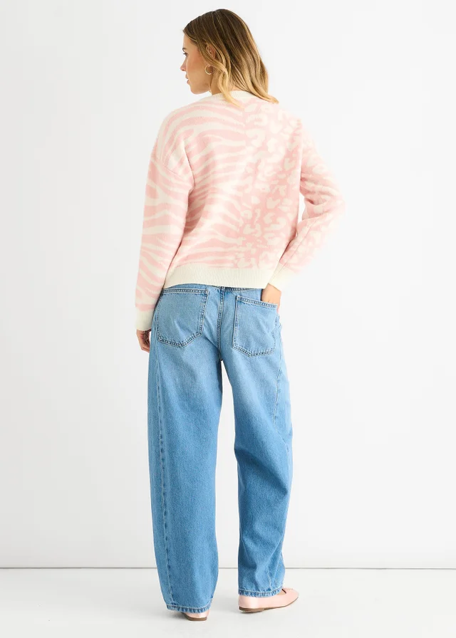 Gini London Pink Contrast Zebra Animal Knit Jumper