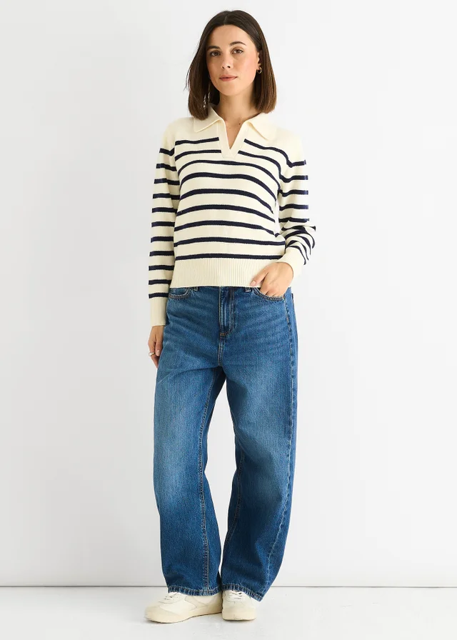 Gini London Cream Recycle Stripe V Neck Collar Knit Jumper