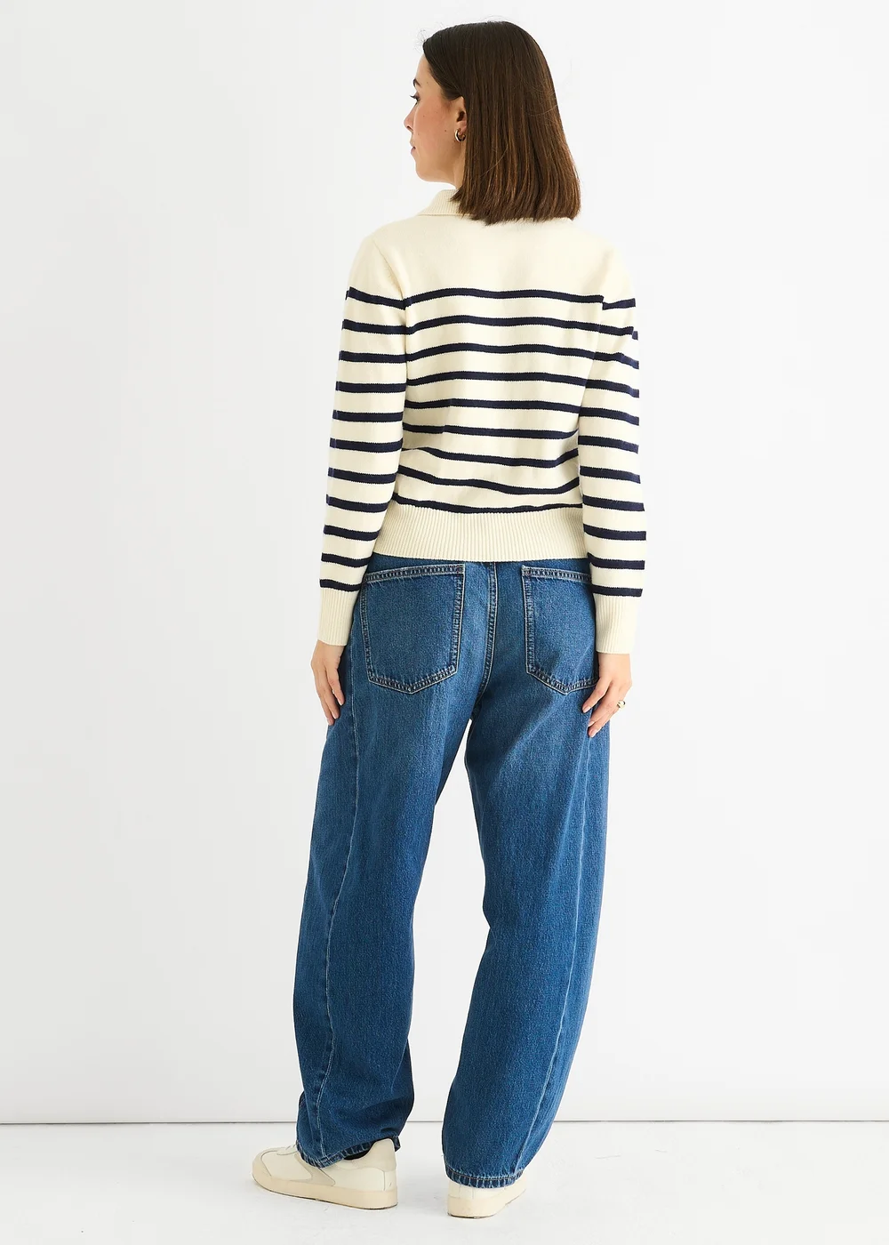 Gini London Cream Recycle Stripe V Neck Collar Knit Jumper - M/L Image 2