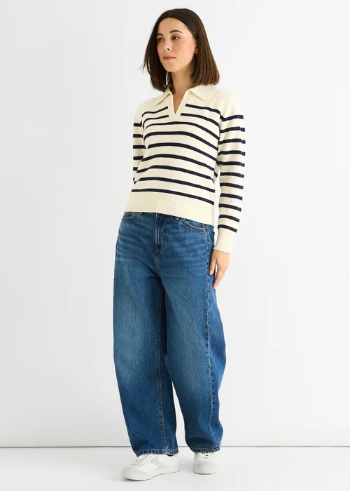 Gini London Cream Recycle Stripe V Neck Collar Knit Jumper - M/L Image 4