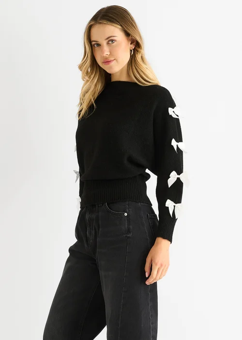 Gini London Black Slash Neck Crop Bow Knit Jumper - L/XL Image 4