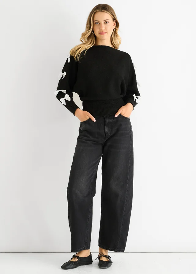 Gini London Black Slash Neck Crop Bow Knit Jumper