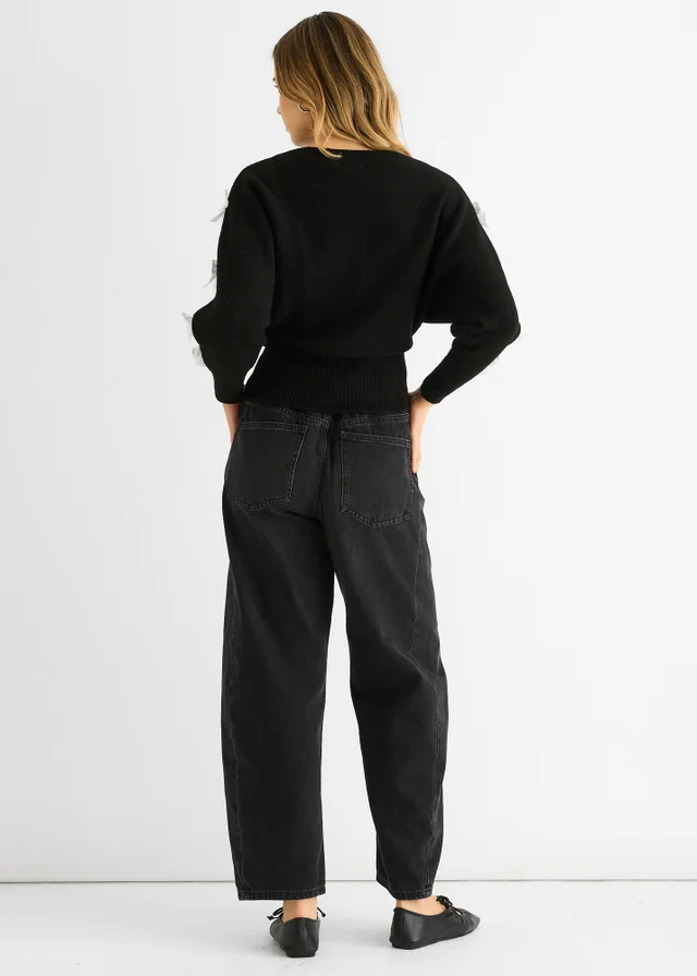 Gini London Black Slash Neck Crop Bow Knit Jumper