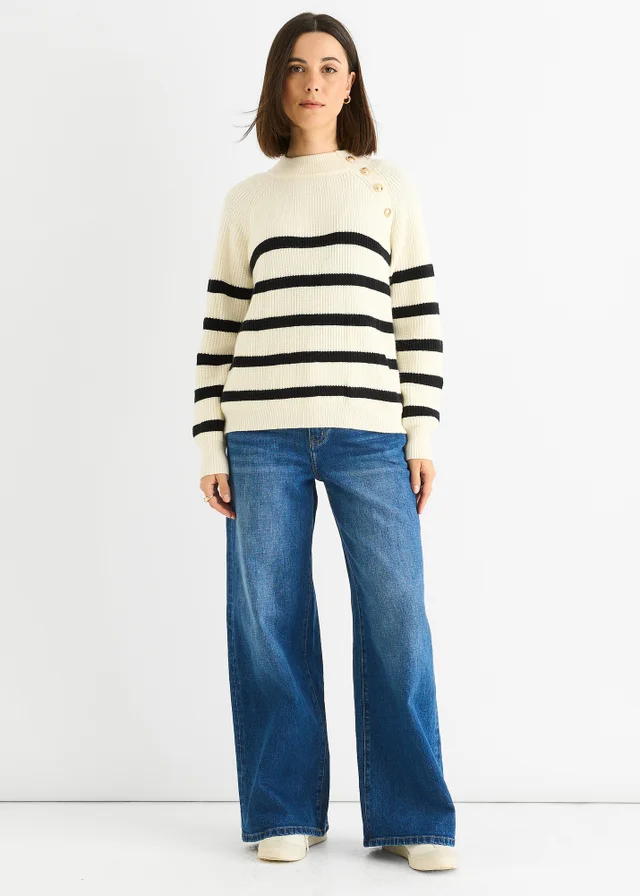 Gini London Cream Stripe Cable Knit Button Oversized Jumper