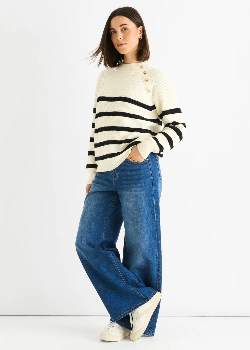 Gini London Cream Stripe Cable Knit Button Oversized Jumper - M/L Image 4