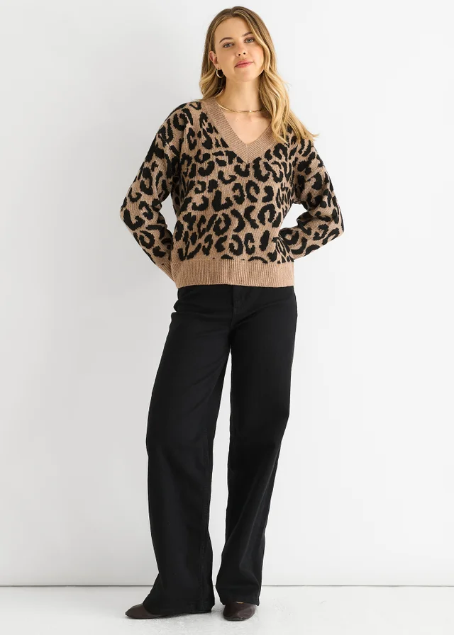 Gini London Camel Animal V Neck Short Knit Jumper