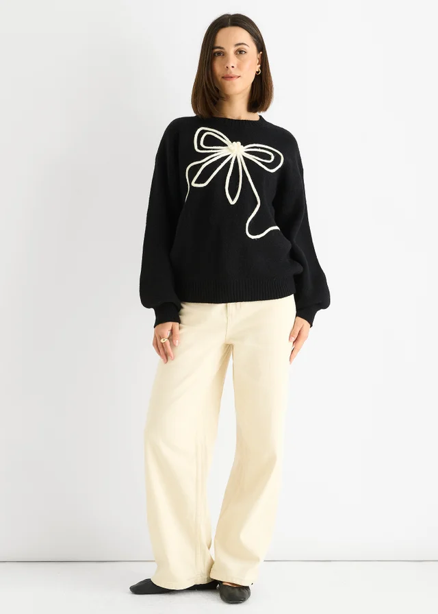 Gini London Black Contrast Bow pattern oversized Jumper