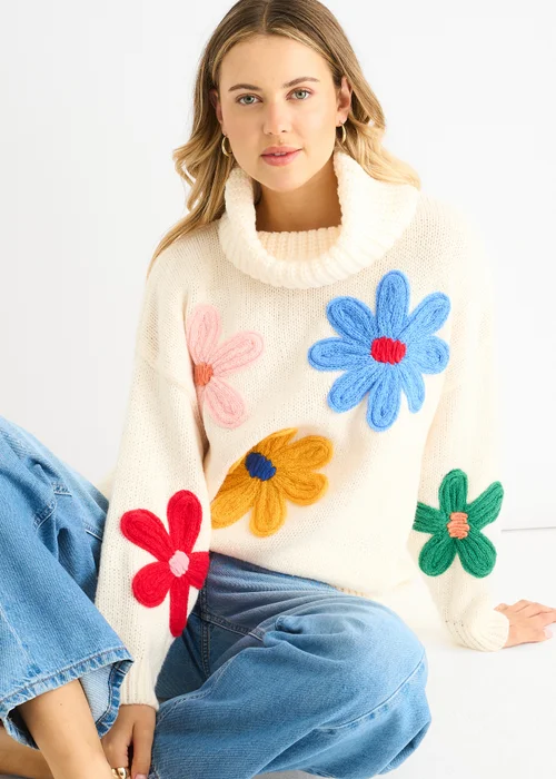 Gini London Clear Floral Applique Oversized Jumper - Medium/Large Image 3