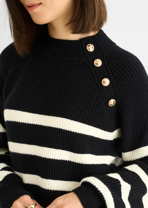 Gini London Black Stripe Cable Knit Button Oversized Jumper - Small/Medium Image 4