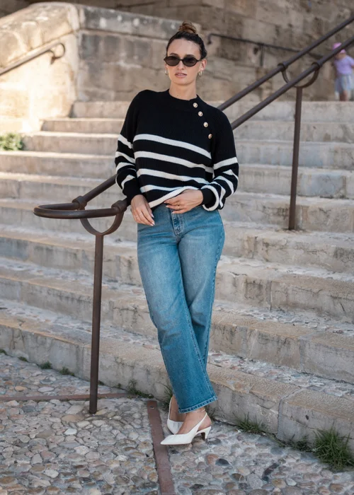 Gini London Black Stripe Cable Knit Button Oversized Jumper - Small/Medium Image 1