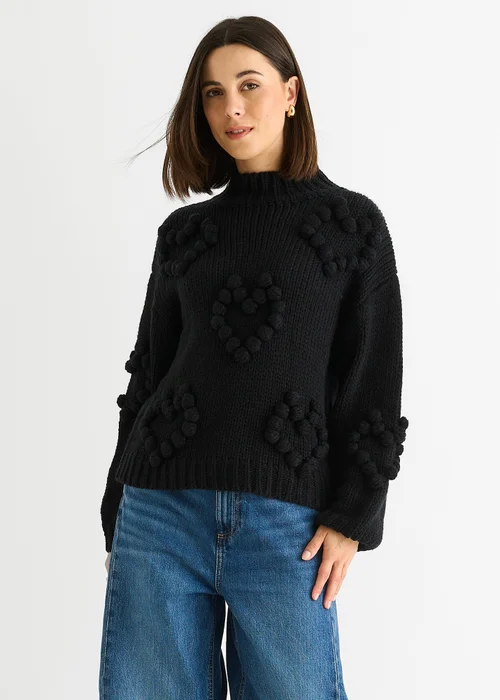 Gini London Black Heart Bubble Chunky Knit High Neck Jumper - Small/Medium Image 1