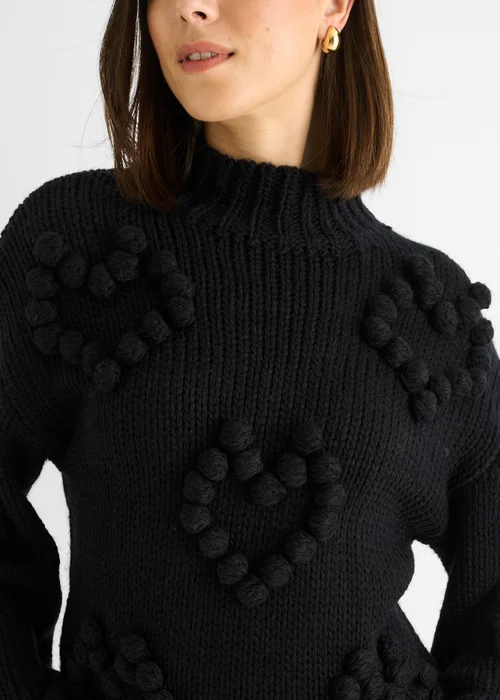 Gini London Black Heart Bubble Chunky Knit High Neck Jumper - Small/Medium Image 3
