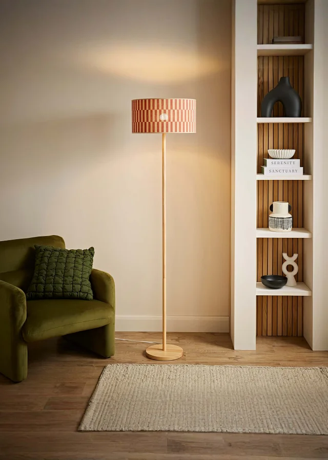 ValueLights Heather Light Wood Floor Lamp with Orange Bamboo Lampshade