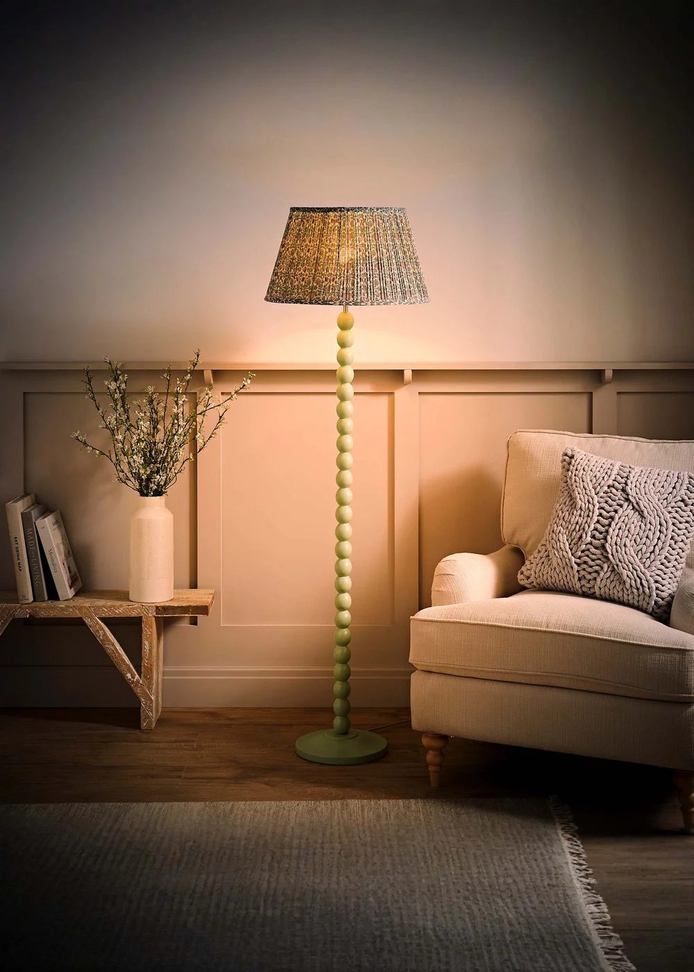 ValueLights Sage Green Bobbin Floor Lamp with Floral Pleated Lampshade - One Size Image 2